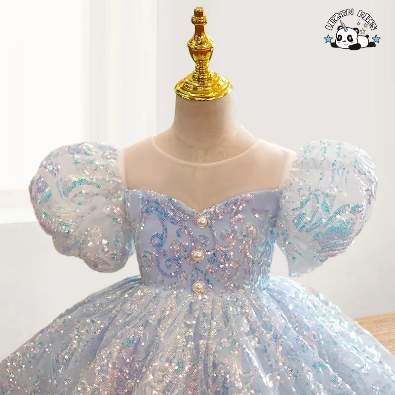 LEZONKIDS - Blue Sequin Girl's Dress Printed Tulle Crystal Bow Decorations Casual O-Neck Princess Style Performance Kids Skirt